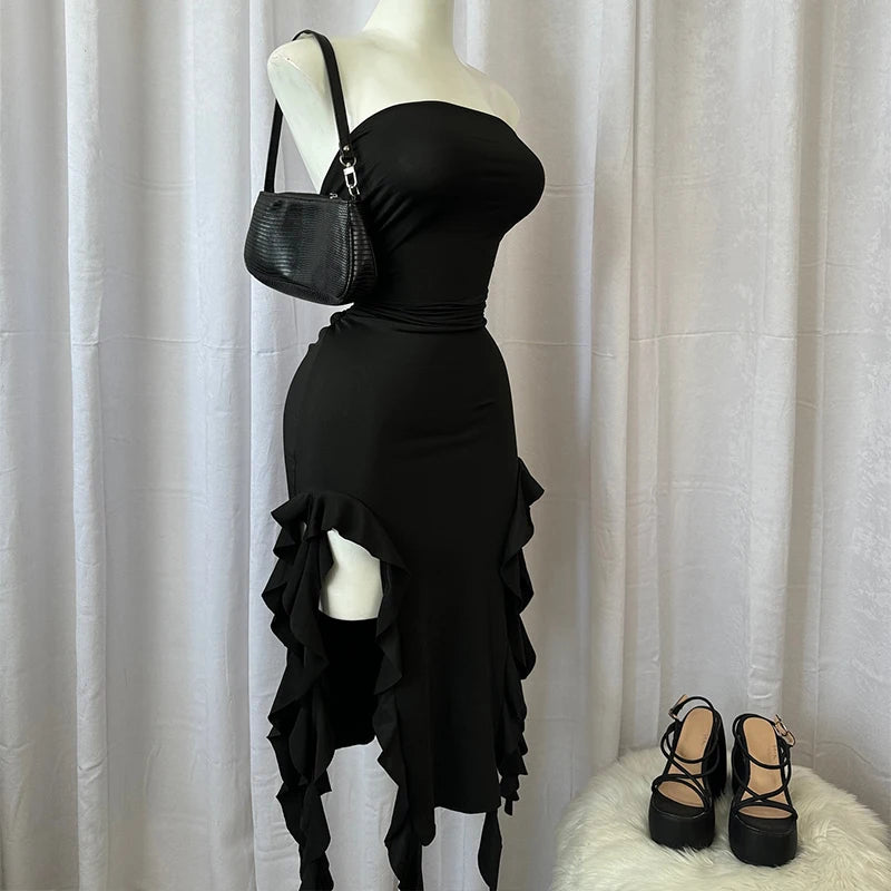 Women Strapless Sexy Floral Fold Hemline High Slit Mini Dress 2024 Solid Backless Sleeveless Black and Pink Party Dress Vestidos