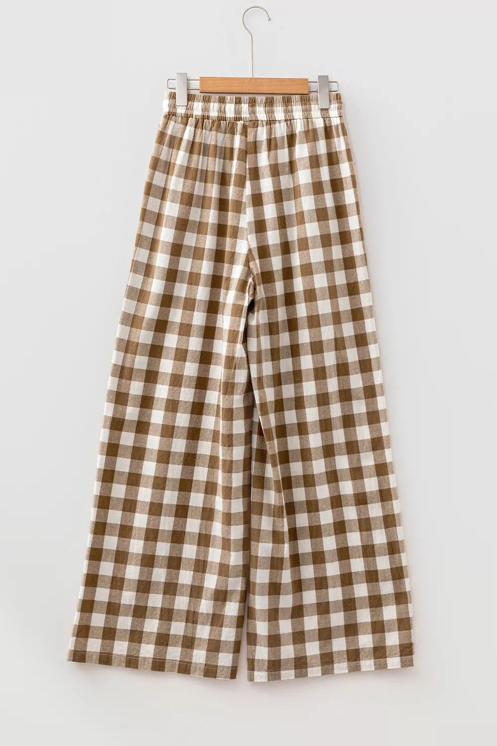 Flat view of taupe gingham tie-waist wide-leg pants, back