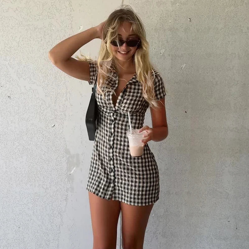 Women'S Casual Plaid Contrast Color Turn-Down Collar Dress Commuter Style Short Sleeves Single Breasted Women'S Casual Dresses