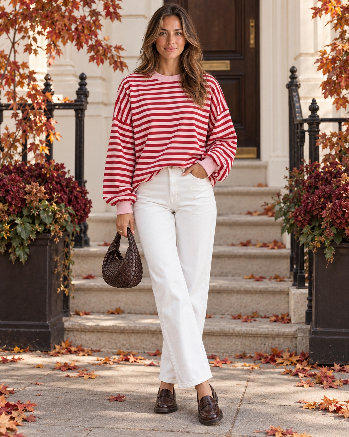 Red and pink striped cutout-back sweatshirt styled for fall