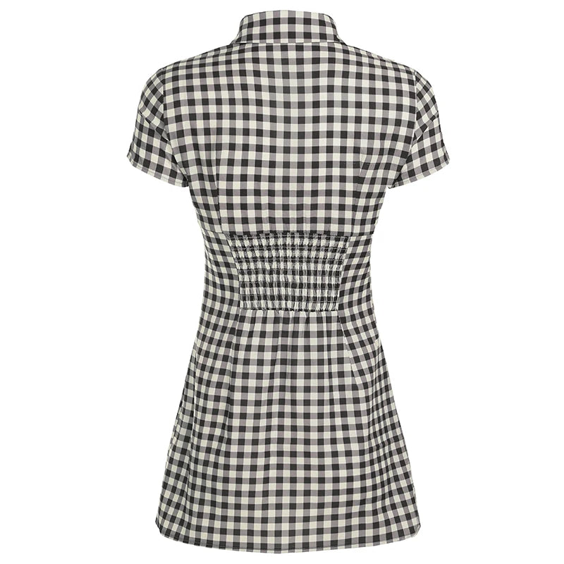 Women'S Casual Plaid Contrast Color Turn-Down Collar Dress Commuter Style Short Sleeves Single Breasted Women'S Casual Dresses