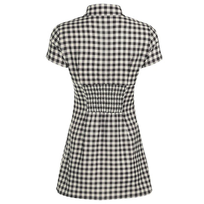 Women'S Casual Plaid Contrast Color Turn-Down Collar Dress Commuter Style Short Sleeves Single Breasted Women'S Casual Dresses