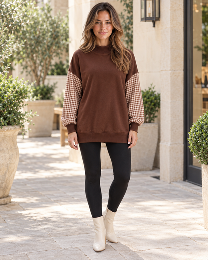 Wren Plaid-Sleeve Tunic Sweatshirt in Dark Brown, front view over leggings