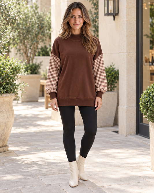 Wren Plaid-Sleeve Tunic Sweatshirt in Dark Brown, front view over leggings