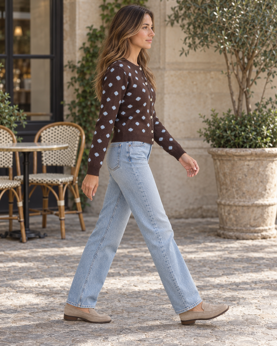 Colette Polka Dot Button-Up Cardigan in Brown, buttoned, side profile