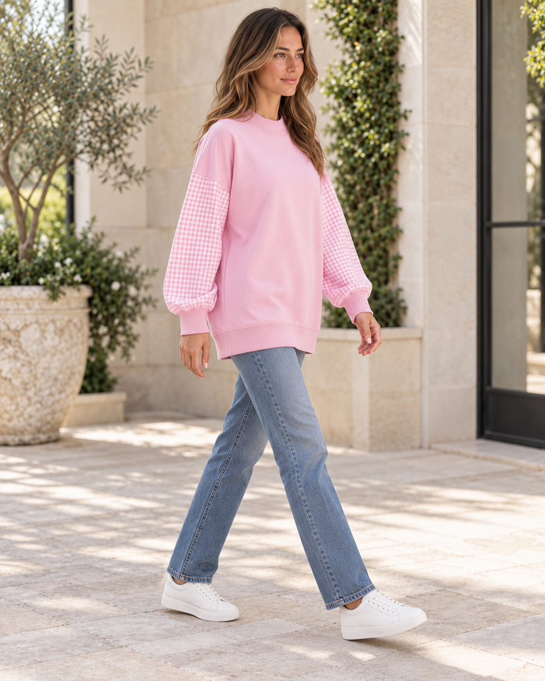 Wren Plaid-Sleeve Tunic Sweatshirt in Blush Pink, walking profile view