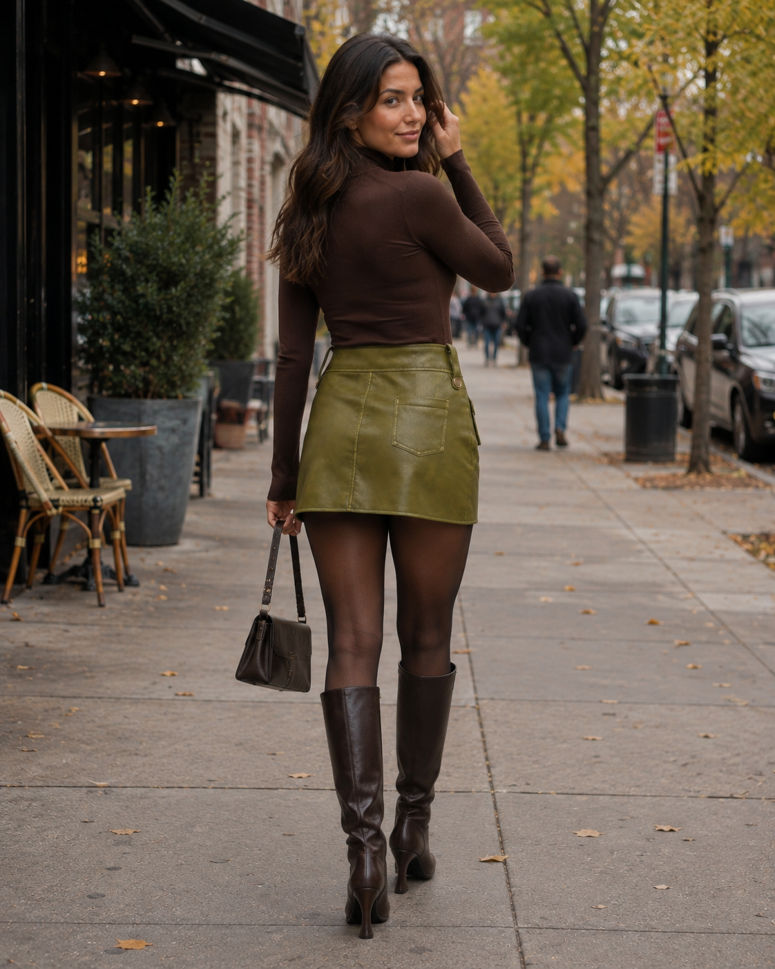 Cleo Faux Leather Wrap Mini Skirt in olive, back view, styled with a brown turtleneck