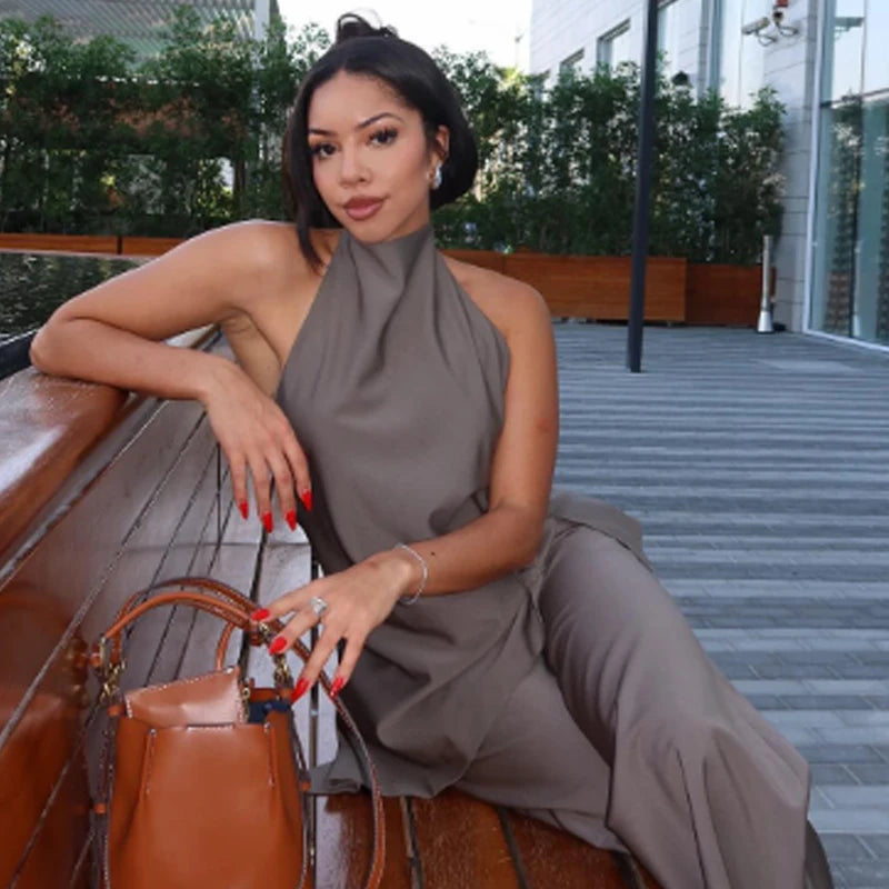 Satin Asymmetric Halter Top & Lace-Up Trouser Set