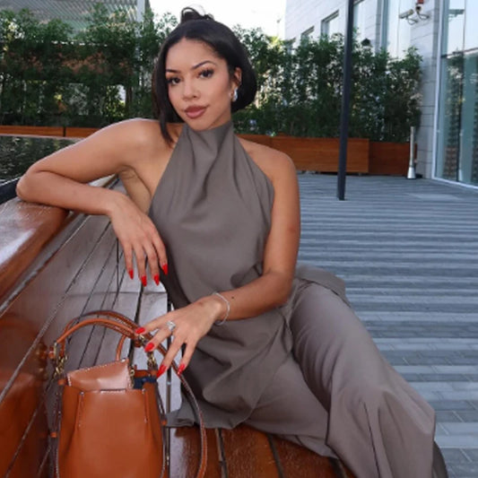 Satin Asymmetric Halter Top & Lace-Up Trouser Set