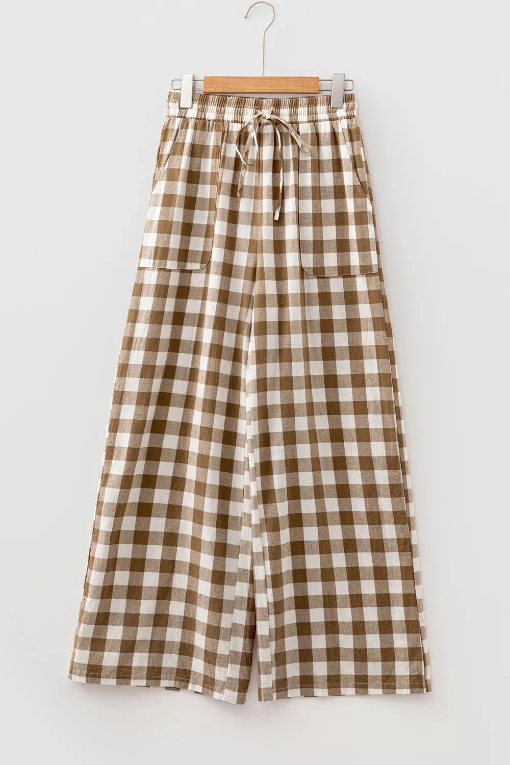 Flat view of taupe gingham tie-waist wide-leg pants, front with drawstring and pockets