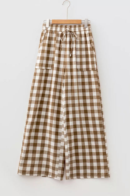 Flat view of taupe gingham tie-waist wide-leg pants, front with drawstring and pockets