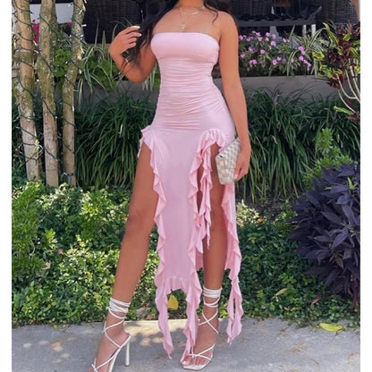 Women Strapless Sexy Floral Fold Hemline High Slit Mini Dress 2024 Solid Backless Sleeveless Black and Pink Party Dress Vestidos