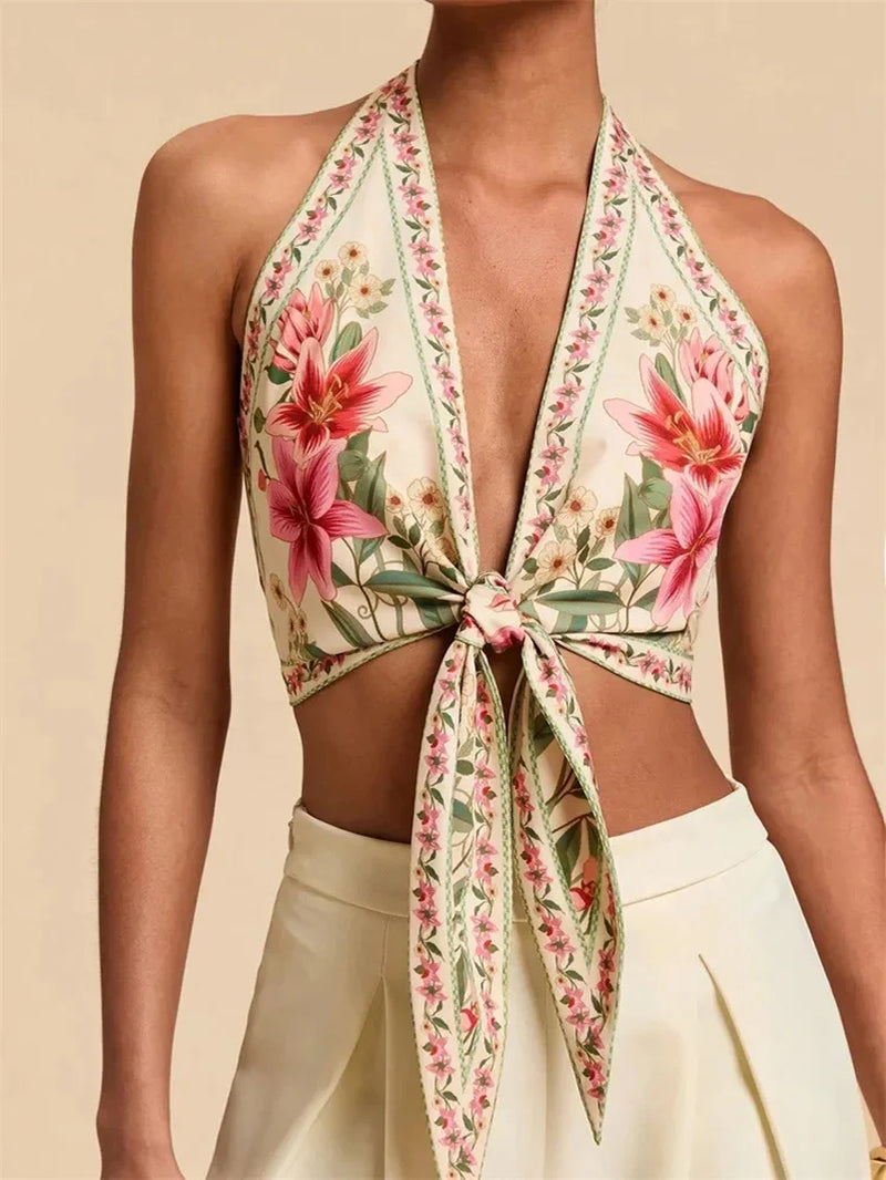Sexy Knot Front Halter Crop Top for Women Summer Sleeveless Graphic Floral Printed V-Neck Backless Tank Top Y2K Clothes