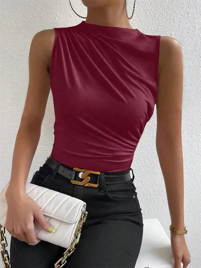 Trendy Summer 2024 Women's Ruched Mock Neck Tank Top - Chic Solid Color Sleeveless Tee for Casual Streetwear
