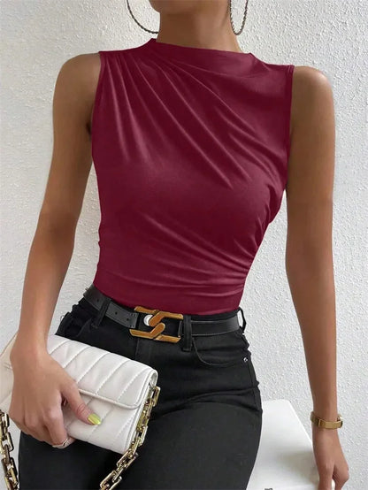 Trendy Summer 2024 Women's Ruched Mock Neck Tank Top - Chic Solid Color Sleeveless Tee for Casual Streetwear