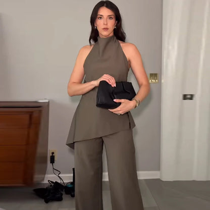 Satin Asymmetric Halter Top & Lace-Up Trouser Set