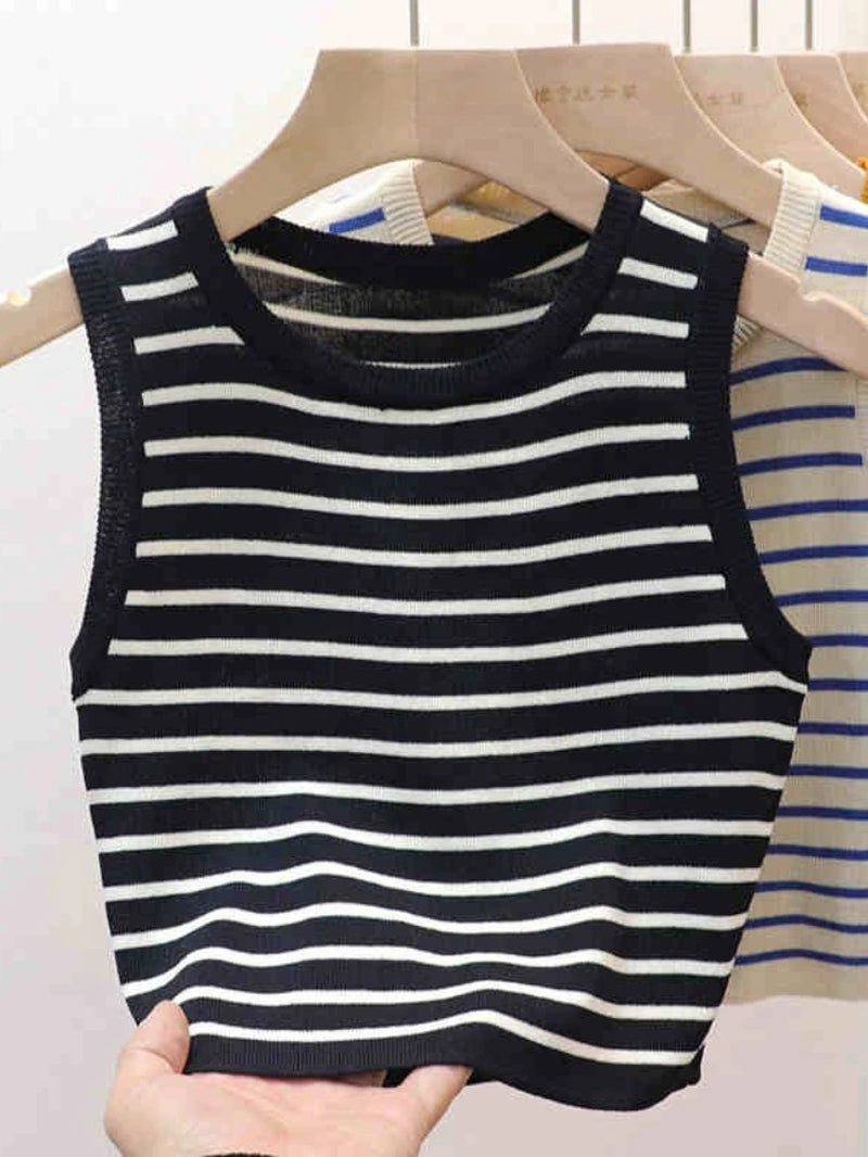 2026 Spring Summer New Sleeveless Ice Silk Knit Tank Top Striped O-Neck Women'S Camisole Slim Fit Versatile Sexy Crop Tops