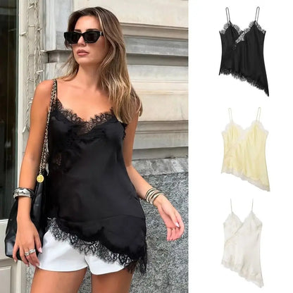 Chic Asymmetrical Lace Patchwork Camisole - Sleeveless Backless V-Neck Tank Top for Effortless Summer Style