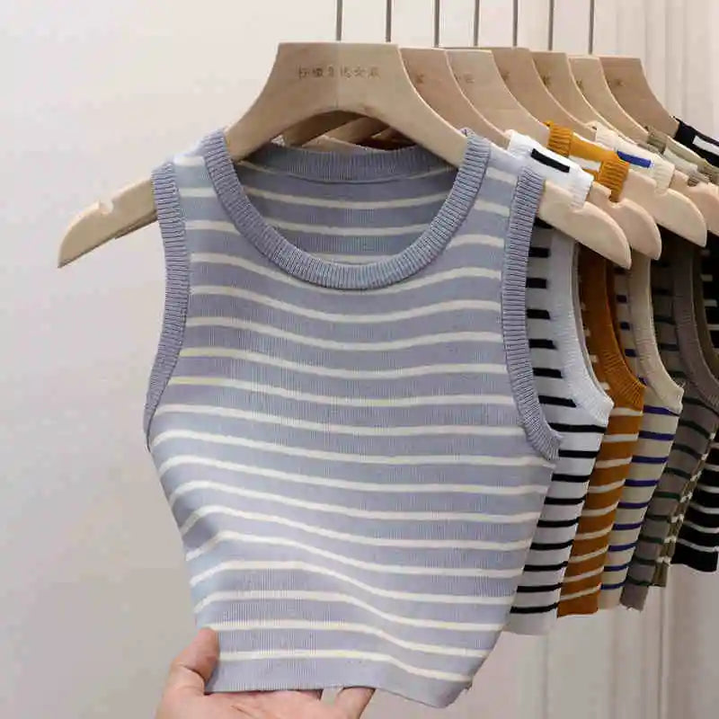 2026 Spring Summer New Sleeveless Ice Silk Knit Tank Top Striped O-Neck Women'S Camisole Slim Fit Versatile Sexy Crop Tops
