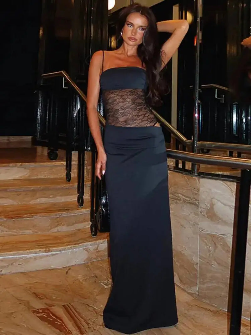 Mesh Splicing Hollow Spaghetti Strap Backless Party Sexy Dresses Elegant Long Dress Women 2025 Summer Dress Vestidos