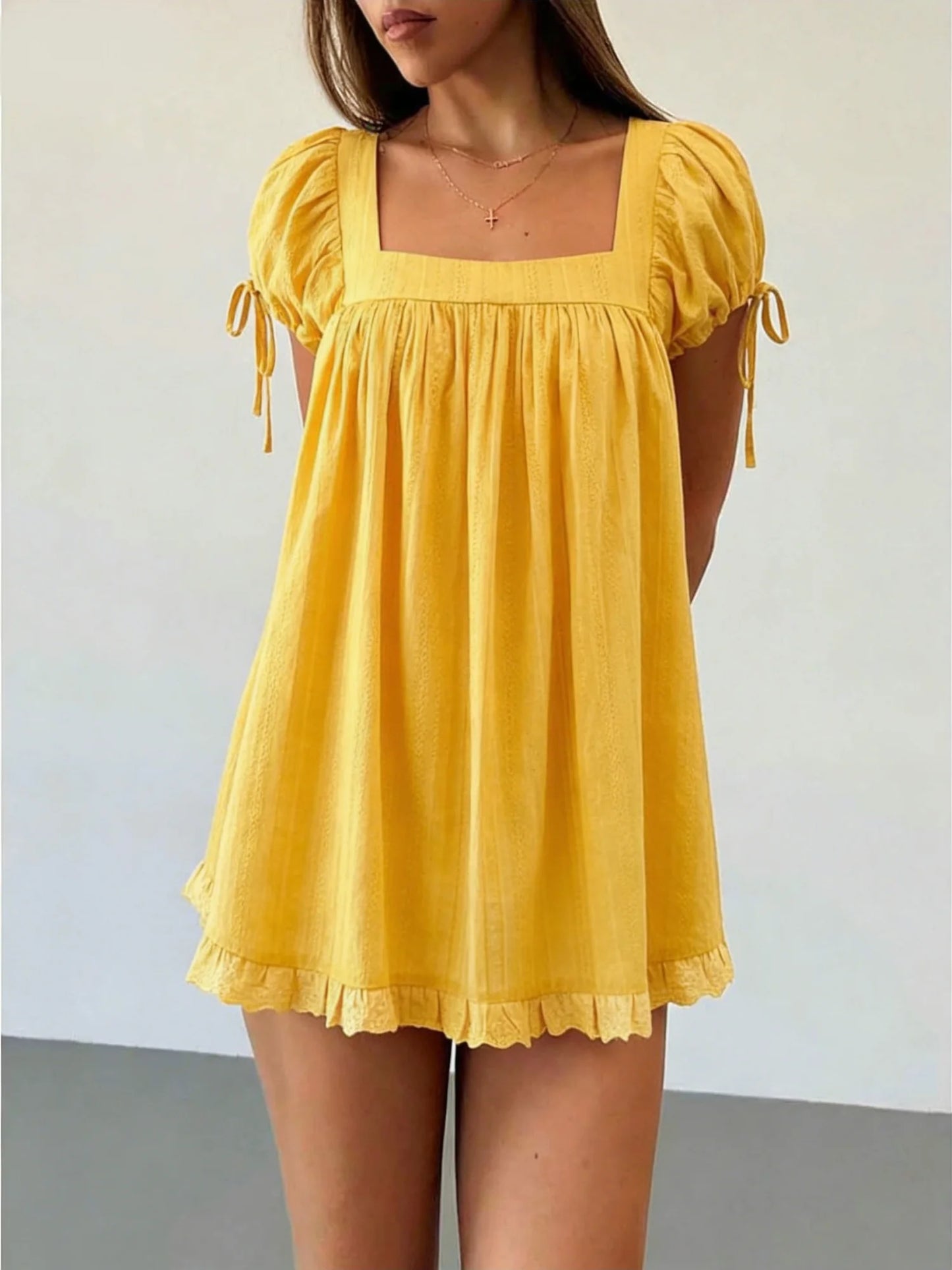 Y2K Coquette Dress Summer Women Square Neck Short Sleeve A-Line Mini Ruffled Dresses for Daily Shopping Office Travel