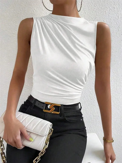 Trendy Summer 2024 Women's Ruched Mock Neck Tank Top - Chic Solid Color Sleeveless Tee for Casual Streetwear