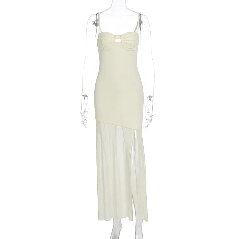 Mesh Splicing Hollow Spaghetti Strap Backless Party Sexy Dresses Elegant Long Dress Women 2025 Summer Dress Vestidos