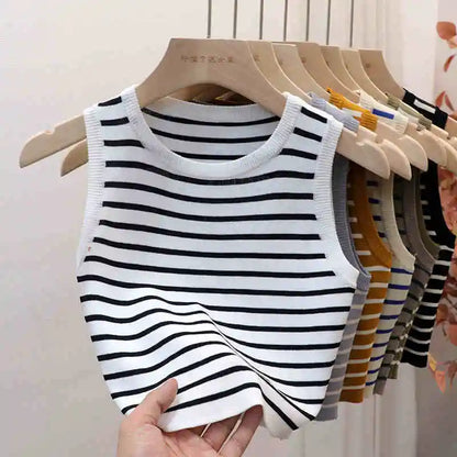 2026 Spring Summer New Sleeveless Ice Silk Knit Tank Top Striped O-Neck Women'S Camisole Slim Fit Versatile Sexy Crop Tops