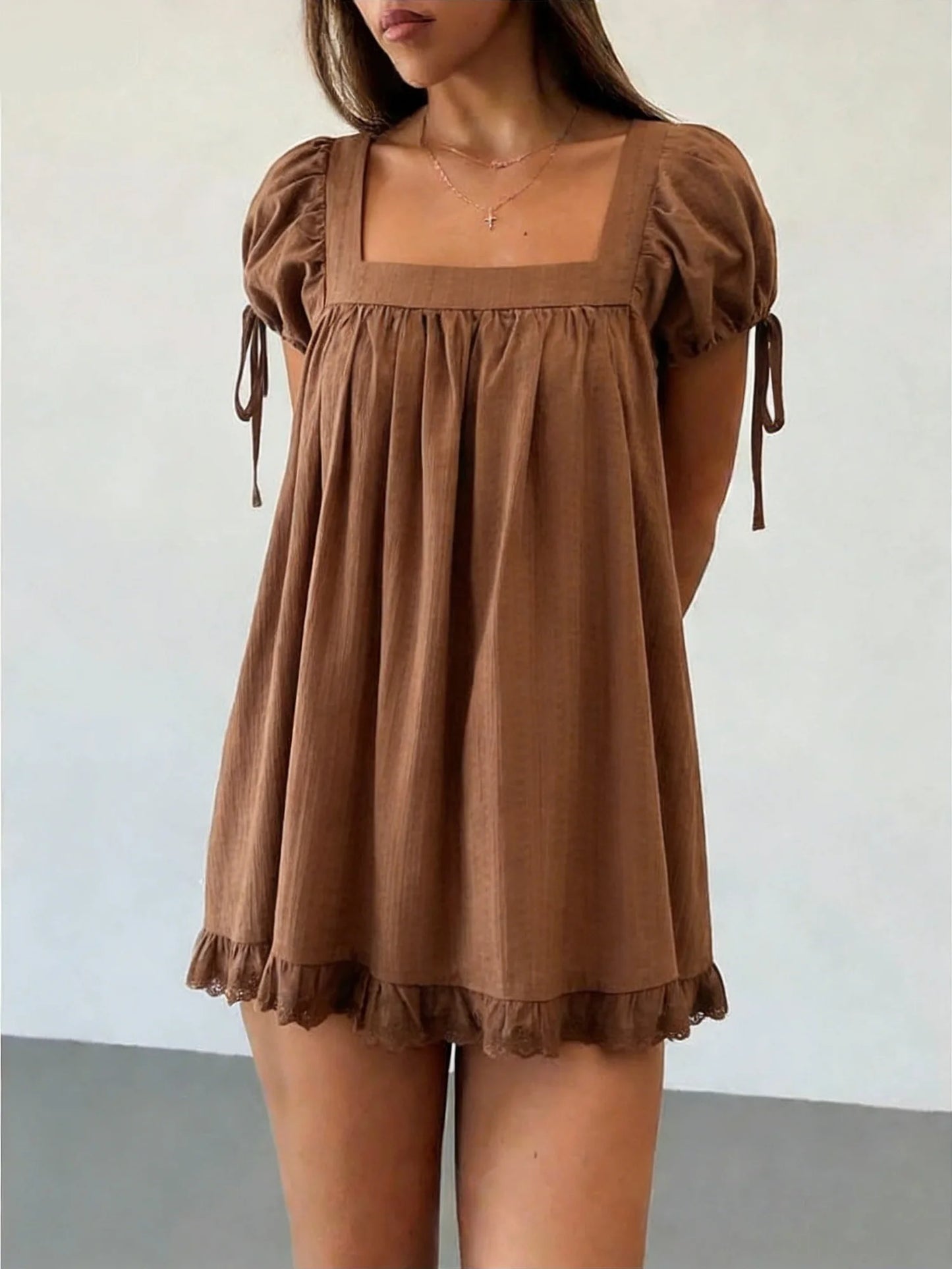 Y2K Coquette Dress Summer Women Square Neck Short Sleeve A-Line Mini Ruffled Dresses for Daily Shopping Office Travel
