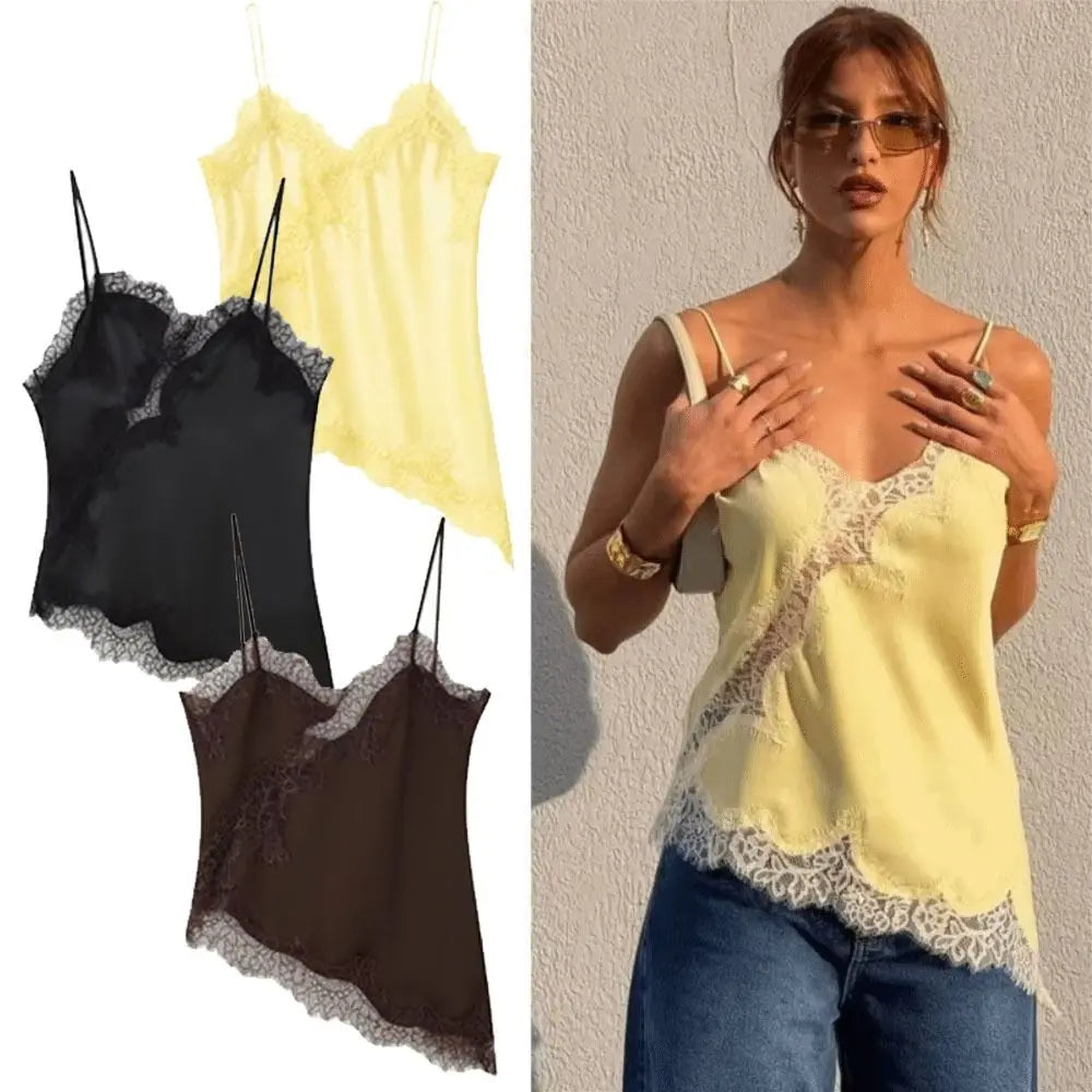 Chic Asymmetrical Lace Patchwork Camisole - Sleeveless Backless V-Neck Tank Top for Effortless Summer Style