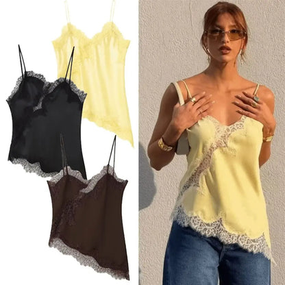 Chic Asymmetrical Lace Patchwork Camisole - Sleeveless Backless V-Neck Tank Top for Effortless Summer Style