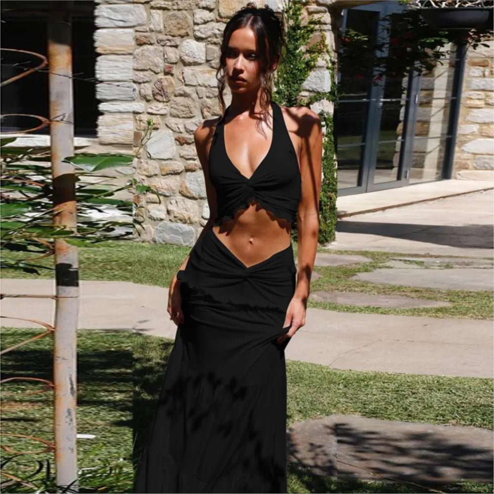 Beachwear Woman 2 Piece Set Outfit Sexy Halter Neck Top Fashion Long Skirt Backless Leace-Up Solid Color Two Piece Outfit Trendy
