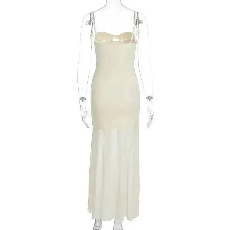 Mesh Splicing Hollow Spaghetti Strap Backless Party Sexy Dresses Elegant Long Dress Women 2025 Summer Dress Vestidos