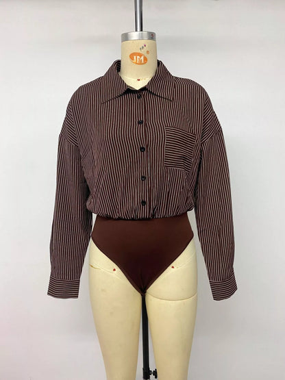 Mannequin front view of brown pinstripe button-up bodysuit showing full button front and brief bottom