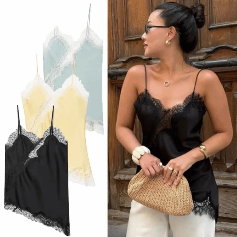 Chic Asymmetrical Lace Patchwork Camisole - Sleeveless Backless V-Neck Tank Top for Effortless Summer Style