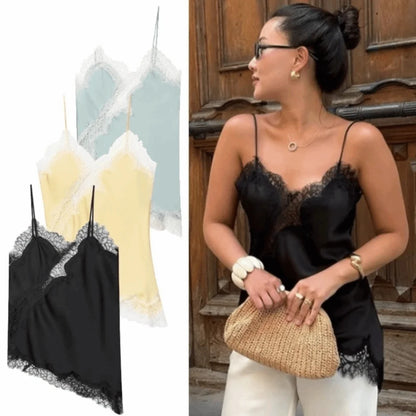 Chic Asymmetrical Lace Patchwork Camisole - Sleeveless Backless V-Neck Tank Top for Effortless Summer Style