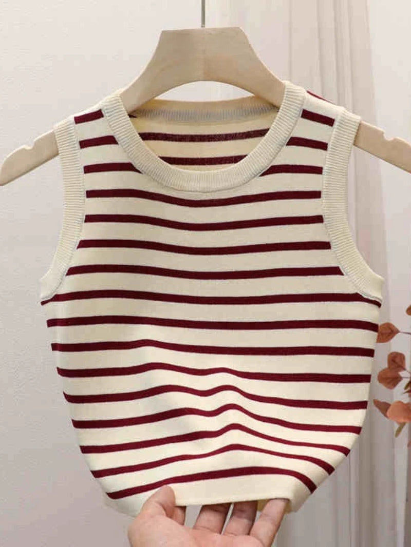 2026 Spring Summer New Sleeveless Ice Silk Knit Tank Top Striped O-Neck Women'S Camisole Slim Fit Versatile Sexy Crop Tops