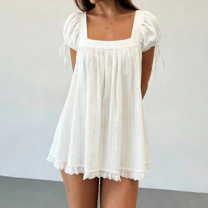 Y2K Coquette Dress Summer Women Square Neck Short Sleeve A-Line Mini Ruffled Dresses for Daily Shopping Office Travel