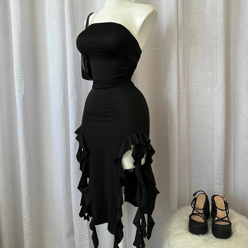 Women Strapless Sexy Floral Fold Hemline High Slit Mini Dress 2024 Solid Backless Sleeveless Black and Pink Party Dress Vestidos