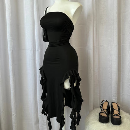 Women Strapless Sexy Floral Fold Hemline High Slit Mini Dress 2024 Solid Backless Sleeveless Black and Pink Party Dress Vestidos