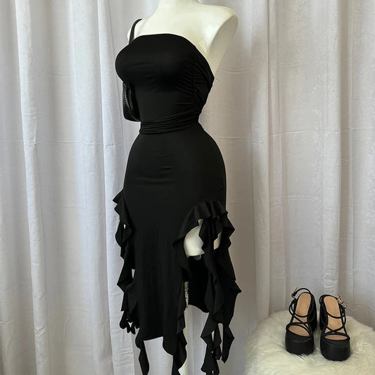 Women Strapless Sexy Floral Fold Hemline High Slit Mini Dress 2024 Solid Backless Sleeveless Black and Pink Party Dress Vestidos