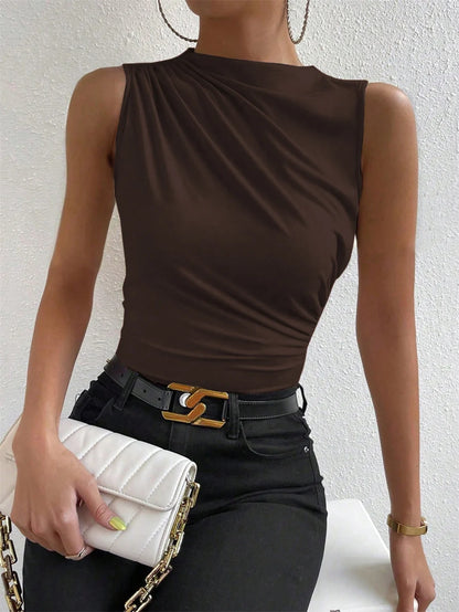 Trendy Summer 2024 Women's Ruched Mock Neck Tank Top - Chic Solid Color Sleeveless Tee for Casual Streetwear