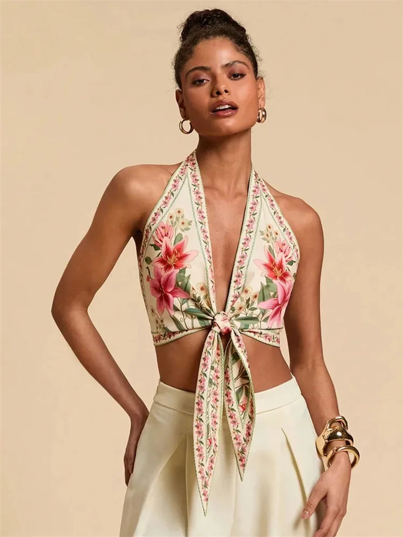 Sexy Knot Front Halter Crop Top for Women Summer Sleeveless Graphic Floral Printed V-Neck Backless Tank Top Y2K Clothes