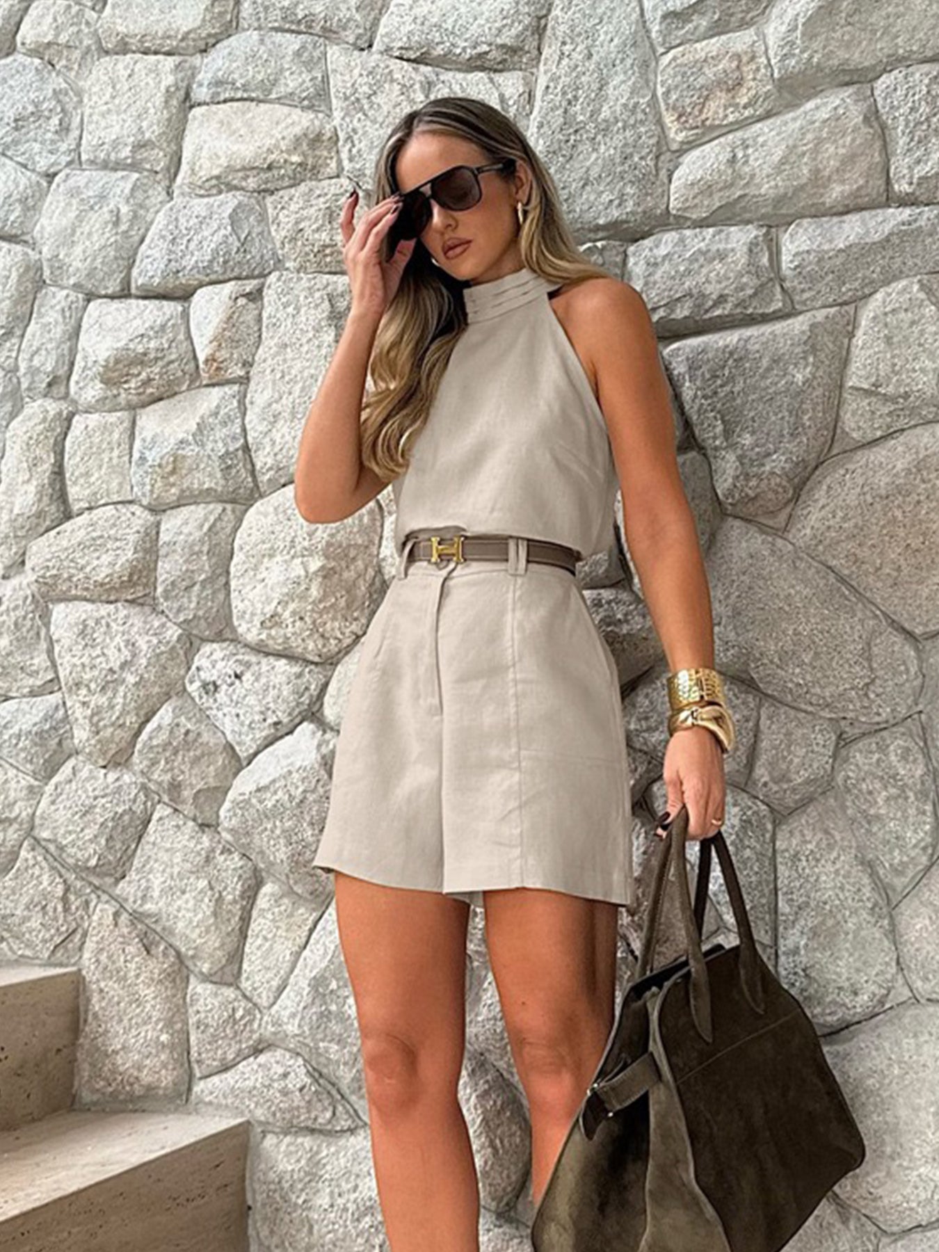 New Women'S Elegant Two-Piece Set off Shoulder Sleeveless Top and High Waisted Shorts, Summer Women'S Set