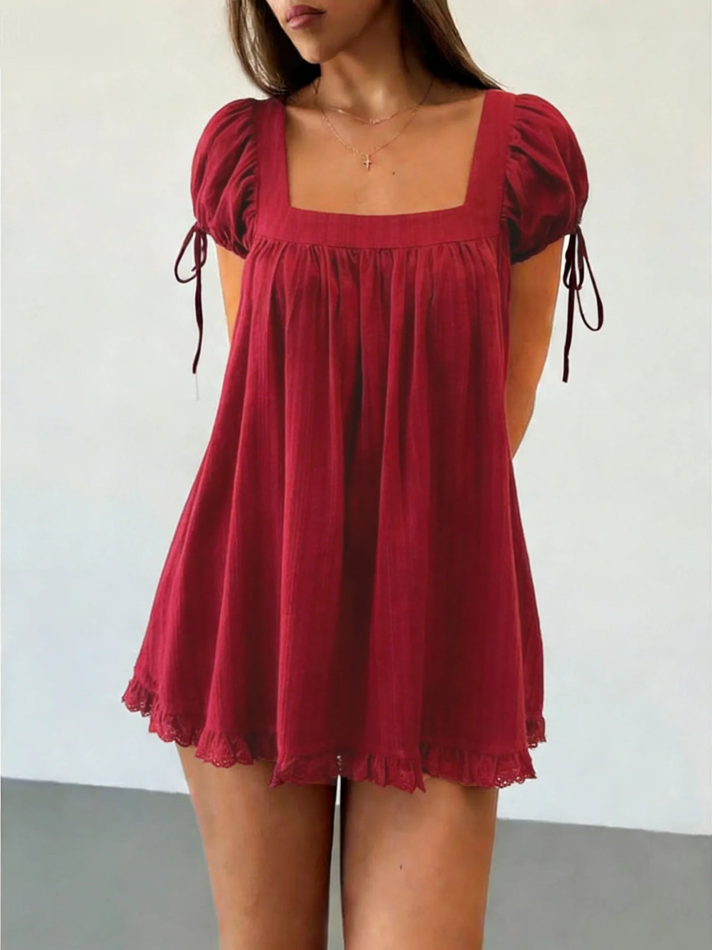 Y2K Coquette Dress Summer Women Square Neck Short Sleeve A-Line Mini Ruffled Dresses for Daily Shopping Office Travel