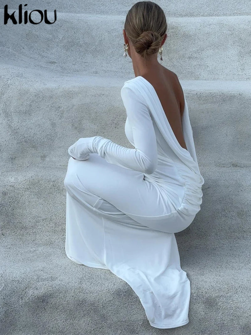 Solid Elegant Women Maxi Dress Simple Fall Classic Trend Full Sleeve Swinging Backless Sheath Vestidos Mujer Evening Robe