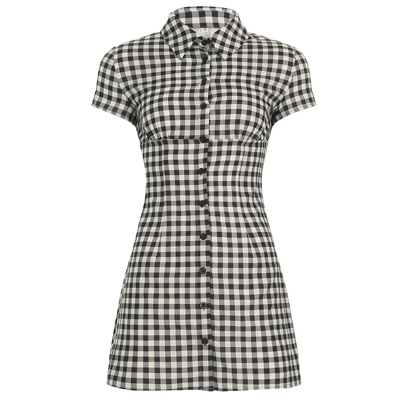 Women'S Casual Plaid Contrast Color Turn-Down Collar Dress Commuter Style Short Sleeves Single Breasted Women'S Casual Dresses