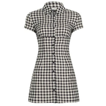 Women'S Casual Plaid Contrast Color Turn-Down Collar Dress Commuter Style Short Sleeves Single Breasted Women'S Casual Dresses