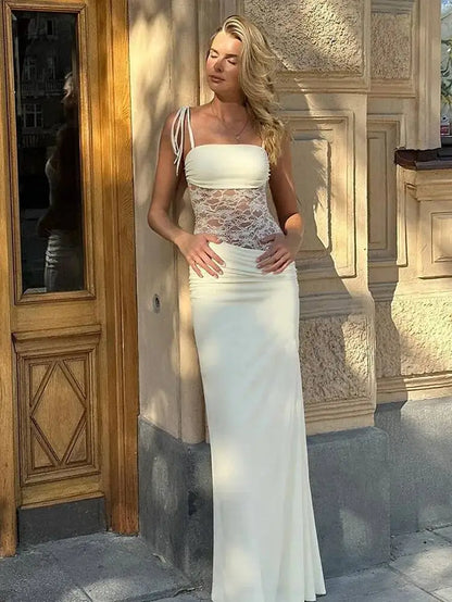 Mesh Splicing Hollow Spaghetti Strap Backless Party Sexy Dresses Elegant Long Dress Women 2025 Summer Dress Vestidos
