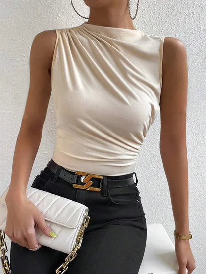 Trendy Summer 2024 Women's Ruched Mock Neck Tank Top - Chic Solid Color Sleeveless Tee for Casual Streetwear